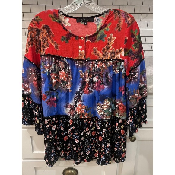 Calessa Tops - Calessa Tunic Top Womens Small Red Blue Boho Floral Patchwork Bell Sleeve